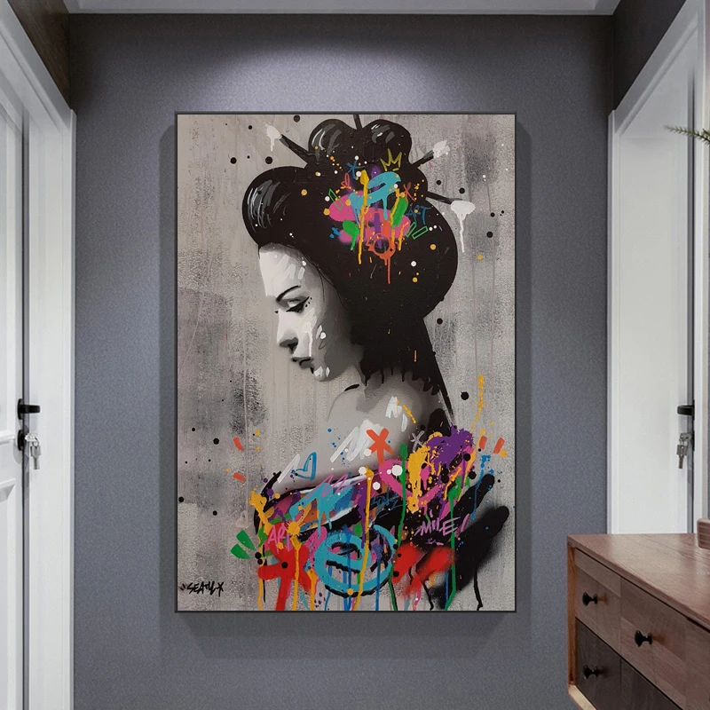 Japanese  Woman Portrait Oil Paintings on Canvas Graffiti Wall Art Posters and Prints Wall Pictures for Living Room Decoration