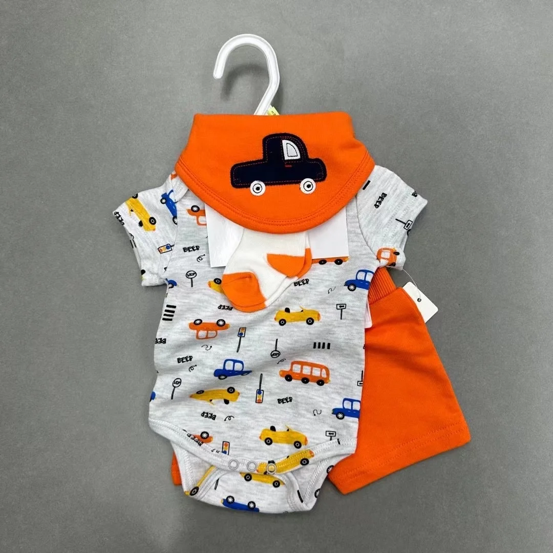 New Summer Baby Clothing for 2024 Baby 4 piece set Printed Cute Pattern Shorts Set Waffle Kids Shorts Set, summer baby clothing