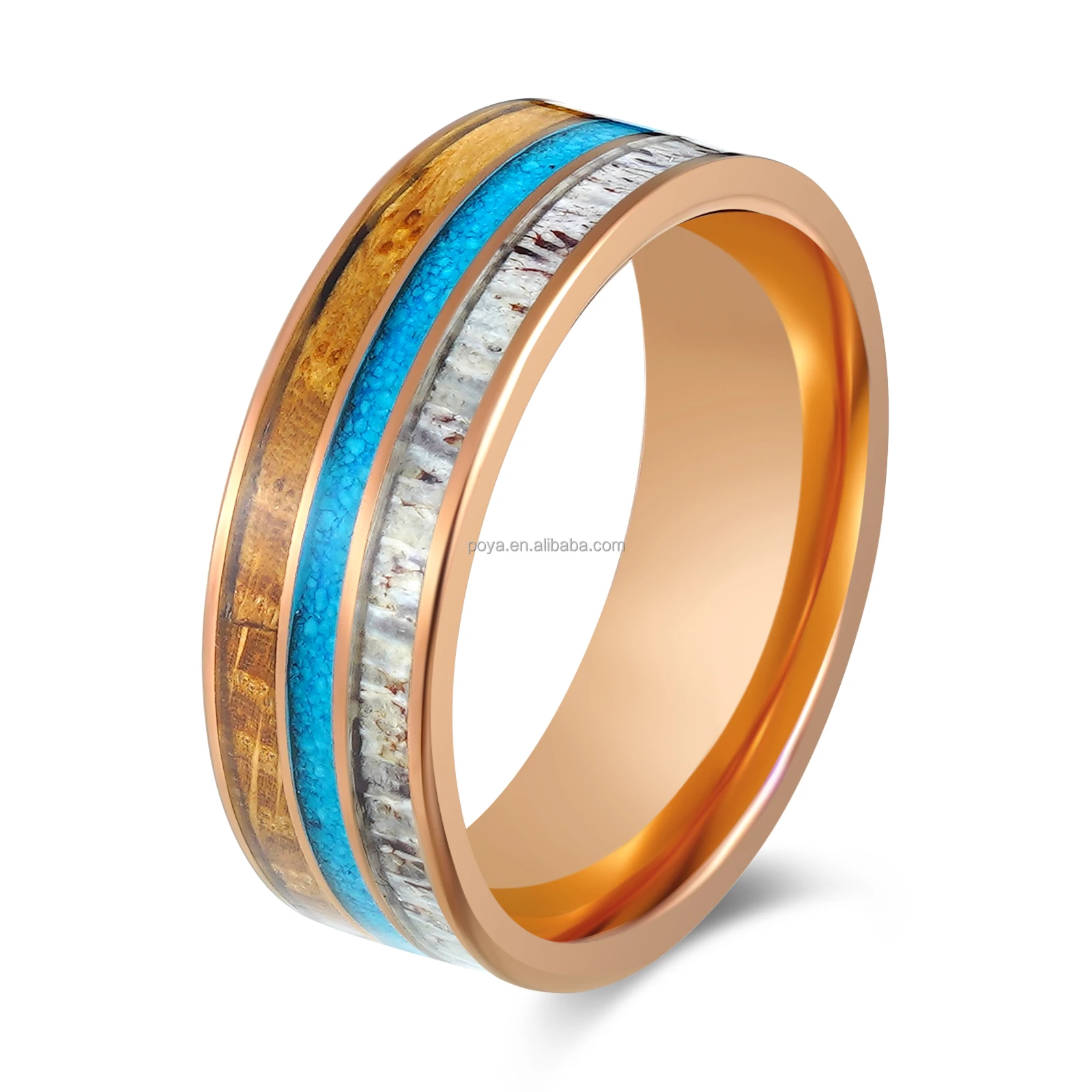 Triple Channels Blue Opla Whiskey Wood Antler Inlaid Coffee Bronze Plated Tungsten Ring