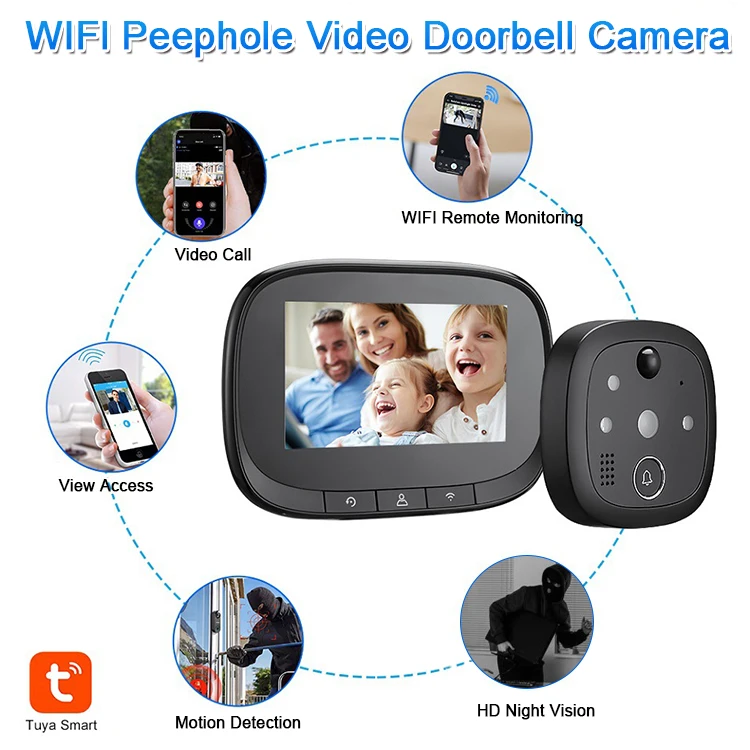 Tuya Smart 130 Degree Wide Angle WiFi Remote Access Two Way Audio Viewer Monitoring Peephole Camera Video Doorbell
