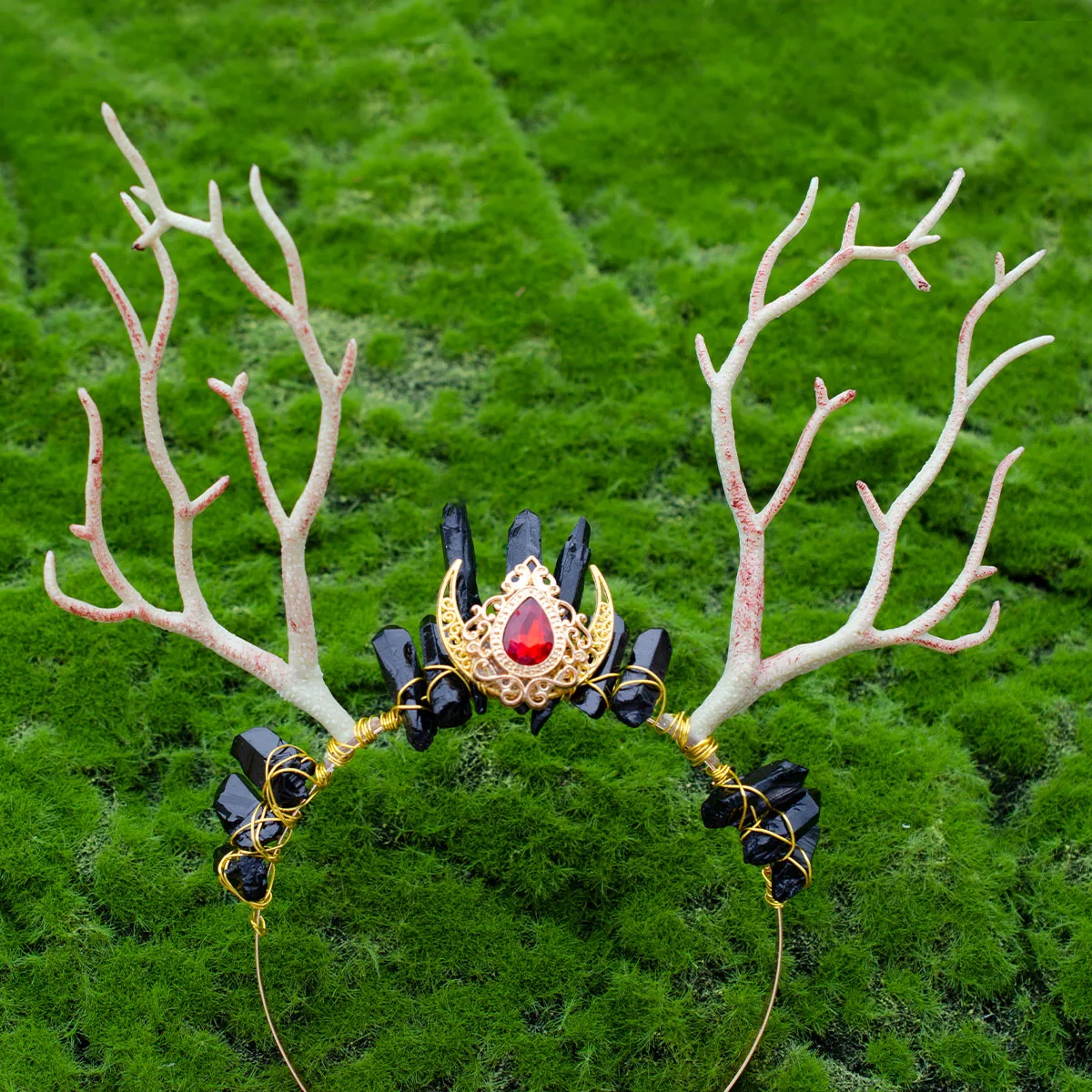 Fairycore Elf Deer Branch with Crystal Crescent Moon Quartz Hair Tiara Party Hair Crown Bridal Hair Jewelry for gift