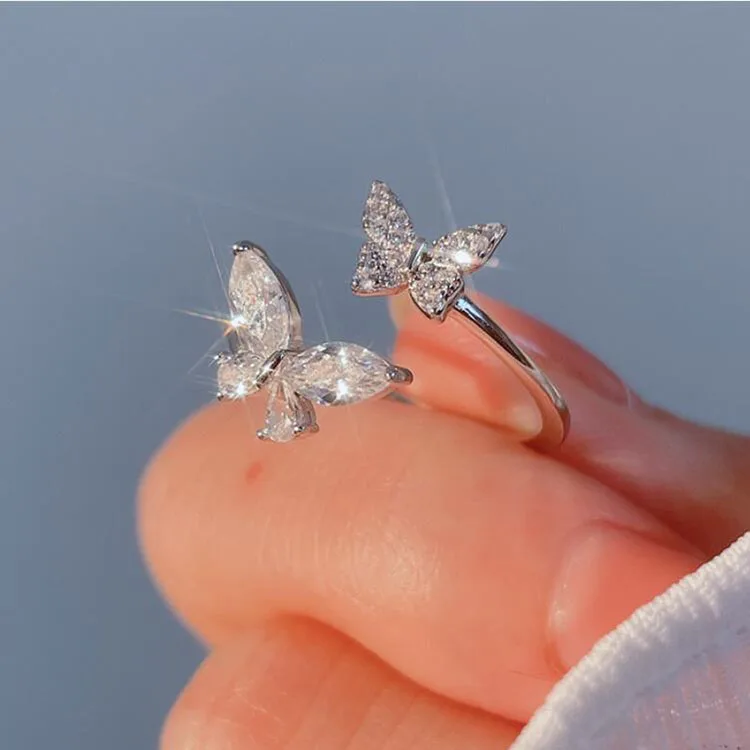 S925 silver zircon butterfly open rings for women