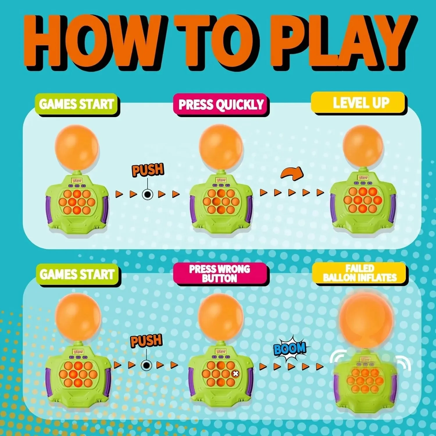 Pop Fidgets Kids Games Toys Handheld Sensory with Balloons Quick Push Game Console Bubble Stress Pop Light Up Game