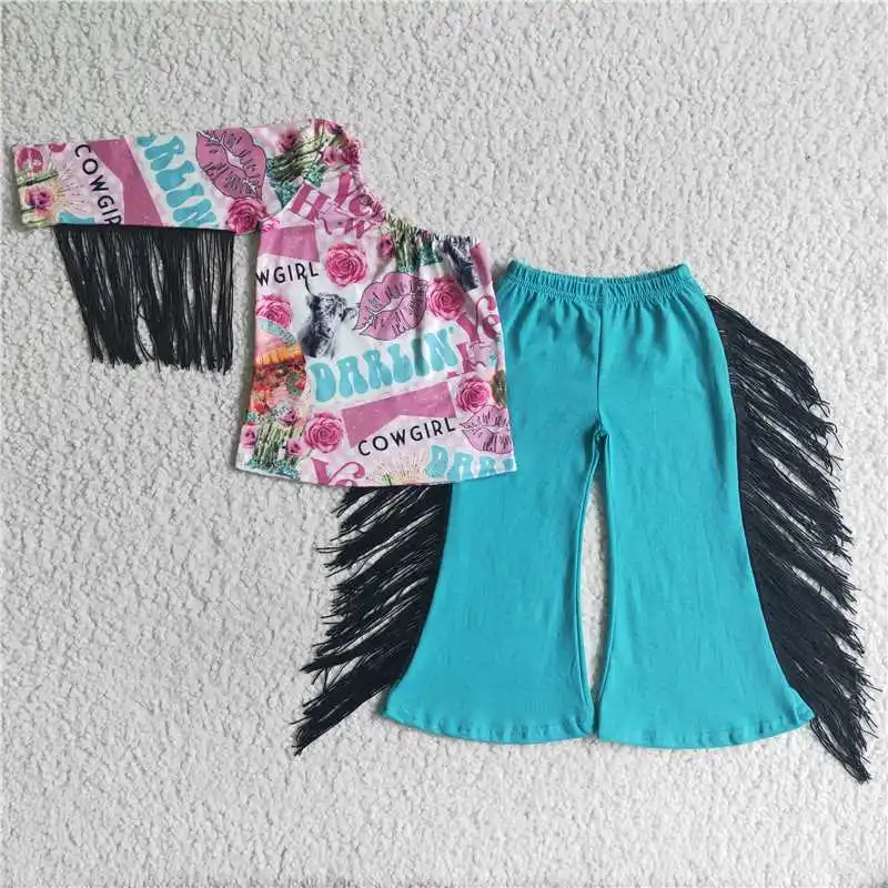 Fashion RTS baby girl clothes boutique kids clothing floral cow print one shoulder tassels girls western outfits girls sets