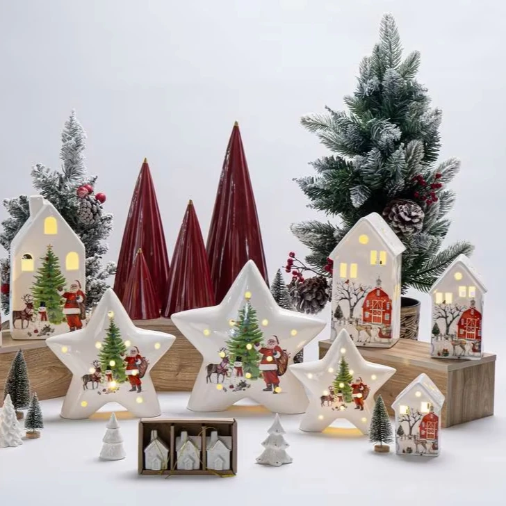 Новая креативная маленькая белая светодиодная керамическая Рождественская деревенская настольная фарфоровая Рождественская елка, коллекция праздничного декора