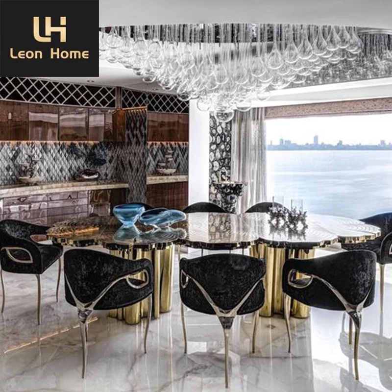 Italian Dining Room Furniture Stainless Steel Frame Marble Top Large Dining Table Set Modern Luxury Dining Table Set