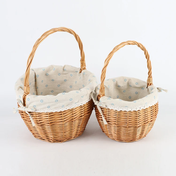 2022 Hot Sale wicker Weave  Handle Basket With hemp blue printed lining