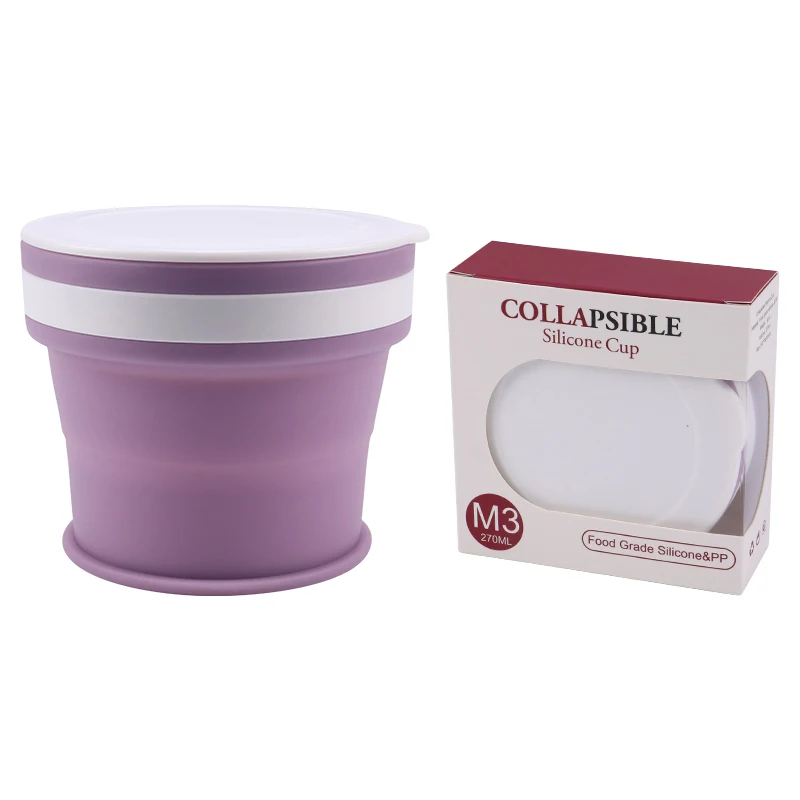 9oz 270 ML Collapsible Reusable Plastic Retractable Drinking Cup Silicone Folding Coffee Travel Mug Cup Silicone Mugs with Lid