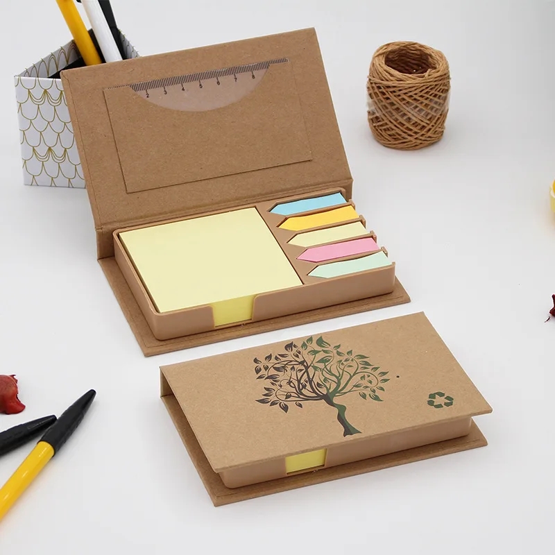 Custom logo memo pad sticky notes set in kraft paper cover plastic holder box with ruler