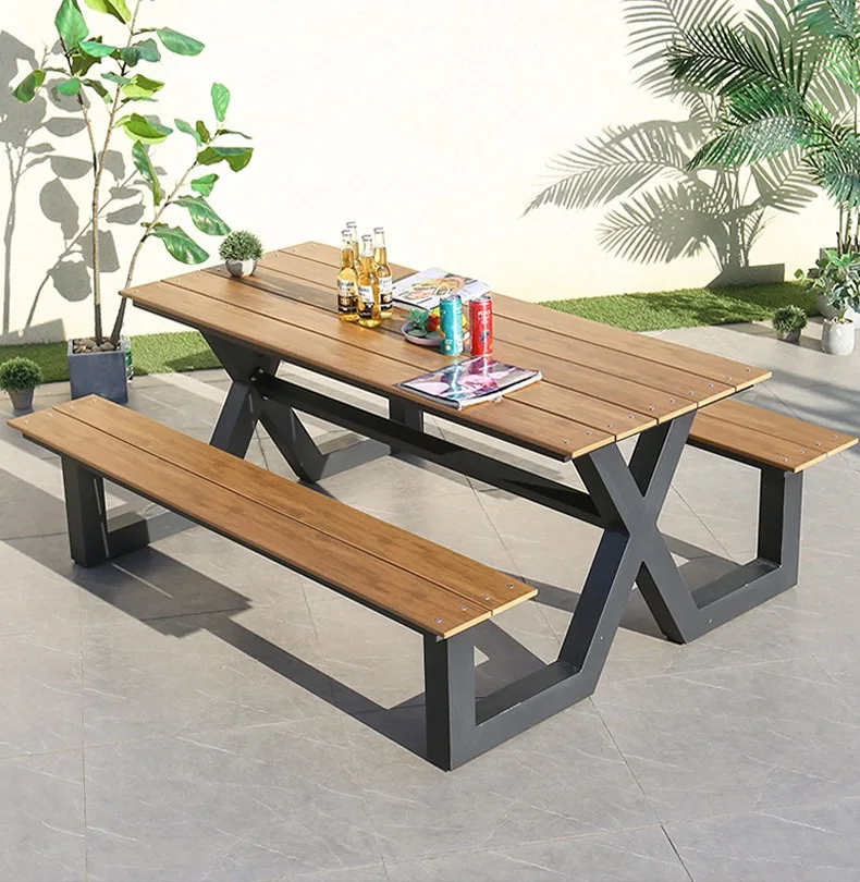 Rustic picnic plastic wood dining table set patio furniture  Outdoor table with bench