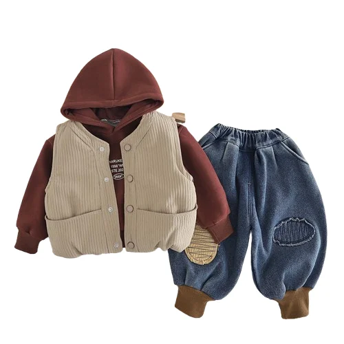 Sunny Baby Boys 0-4T New Fashion Thickened Letters Long-sleeved Hoodie + Thickened Vest + Padded Jeans 3-piece Set