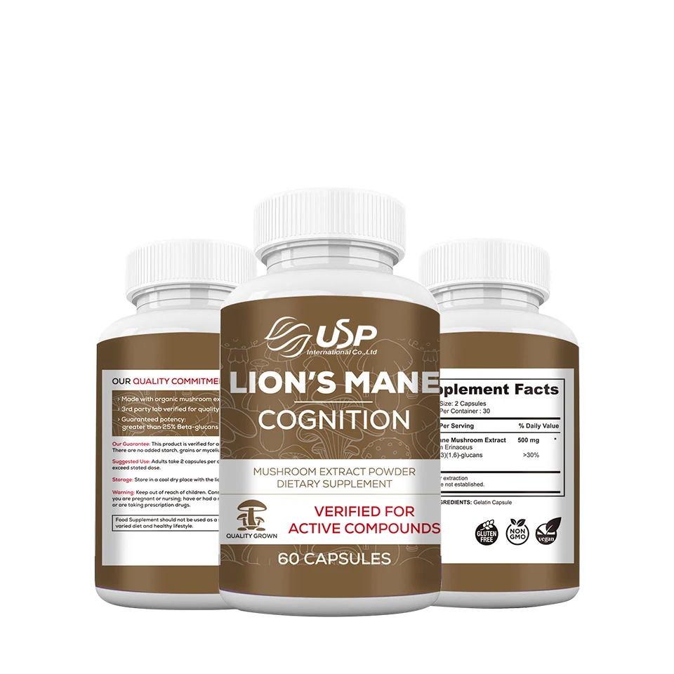 Natural Lions Mane Brain and Focus Supplements Mushroom Powder Extract Capsules for Better Cognitive Health