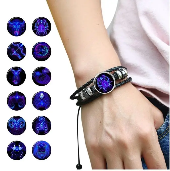 2021 Zodiac Sign Black Braided Star Glass Dome Jewelry Punk Luminous Braided Leather Jewelry Bracelet
