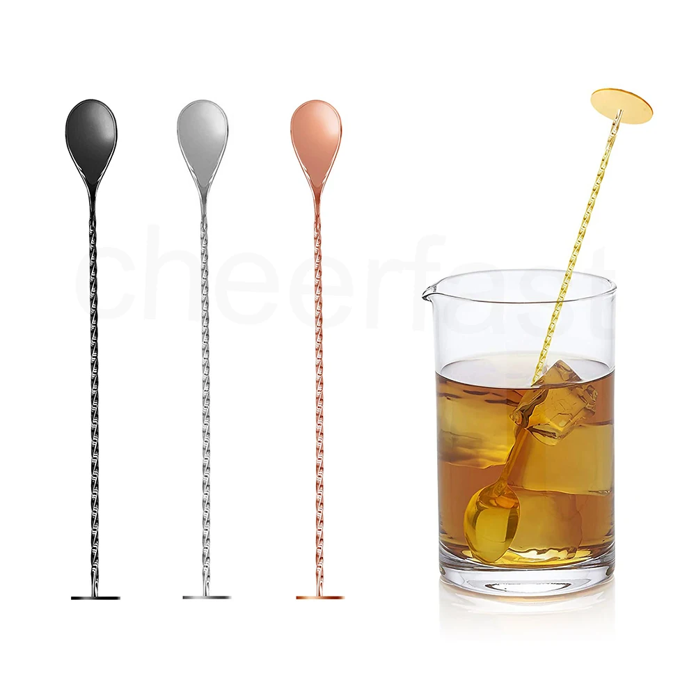 Custom Stainless Steel Black Mixing Spoon Spiral Pattern Long Handle Bar Cocktail Spoon Pitcher For Layering Cocktail Spoon