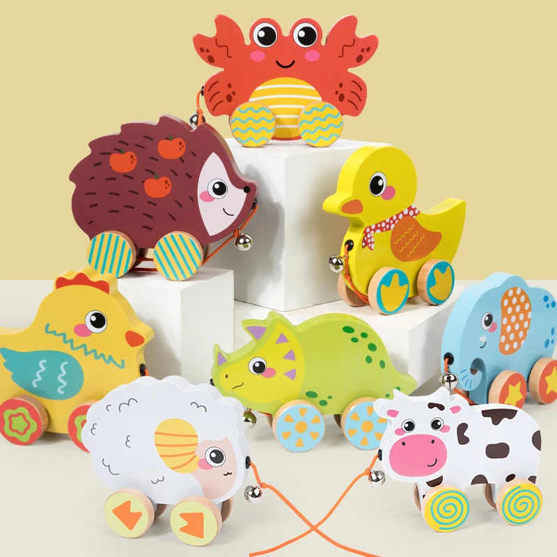 Montessori Wooden Cartoon Animal Trailer Children Early Education Hand Pull Rope Push Walker Drag Car Toy For Baby Gift