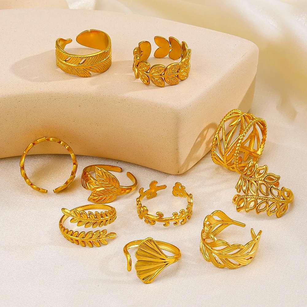 Mifen Stainless Steel No Fade Finger Jewelry Waterproof Wheat Leaf Geometric Adjustable Open Rings for Women Men