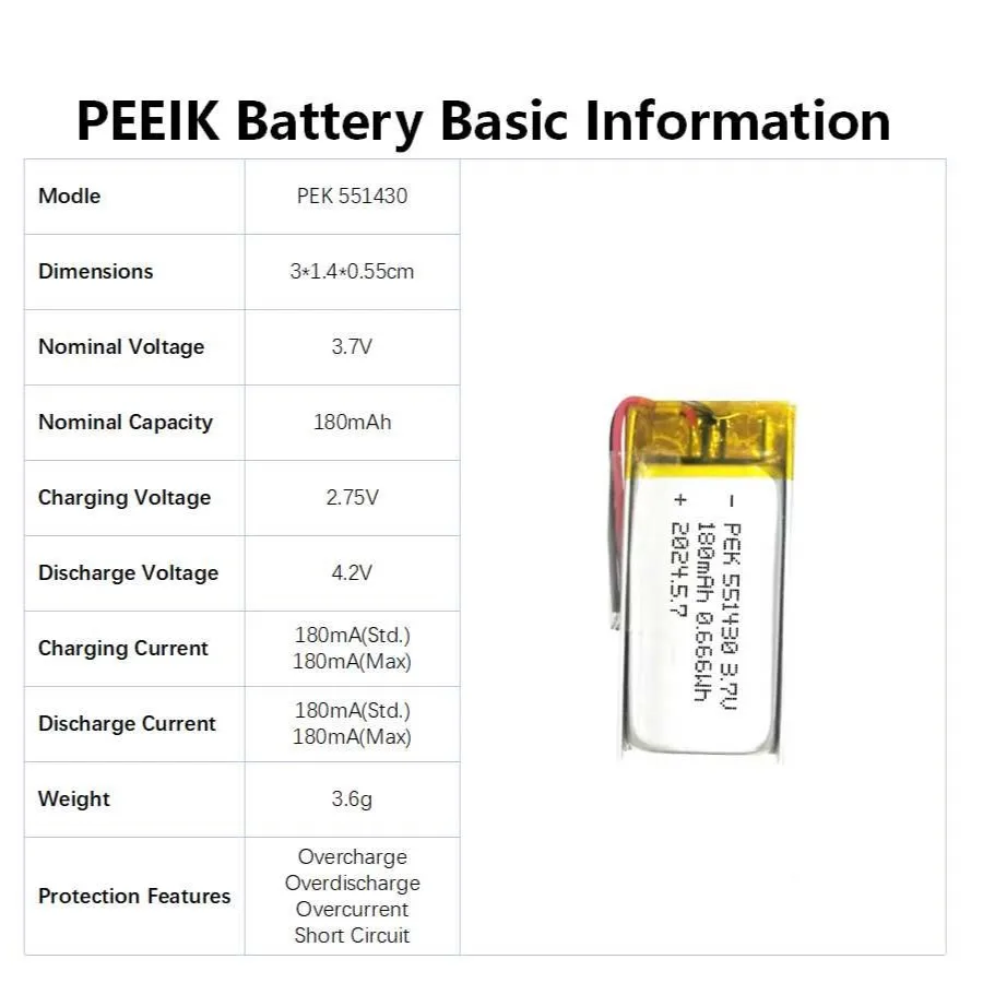 Pek 551430 180mah 3.7v Power Tools BatteryBluetooth Smart Glasses Elongated Battery Durability Support Customization