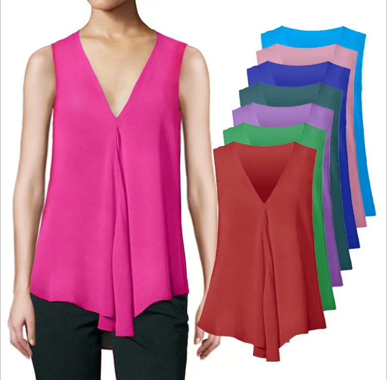 Fashion Women Chiffon Blouses Ladies Tops Sleeveless V Neck Shirt Blusas Femininas Plus Size S-6XL Female Solid Color Clothing