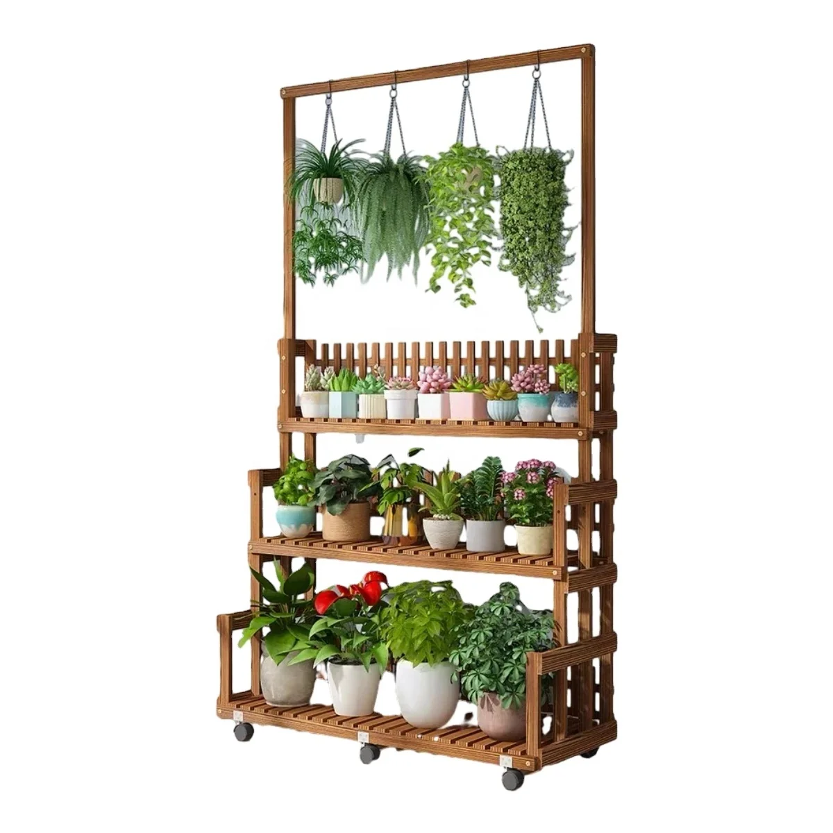 Customized Interior balcony wood flower display stand wood multi layer flower stand