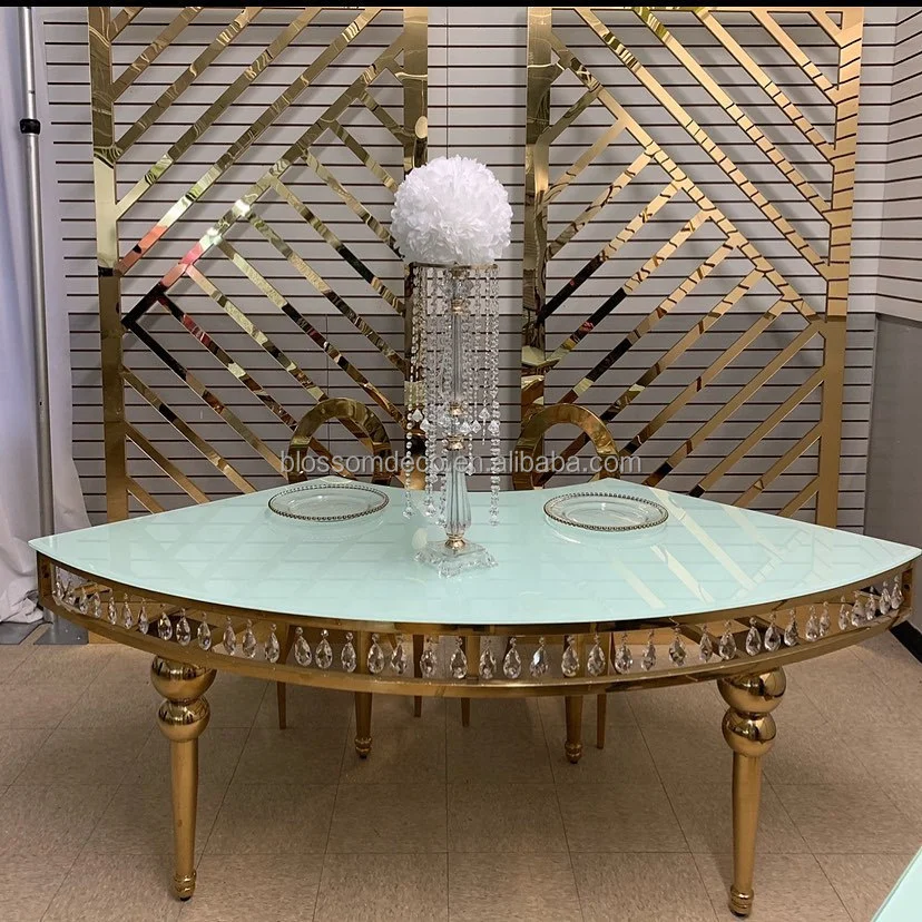 Factory Price Diamond Crush Furniture Glass Mirrored Clear Gold Wedding half moon Serpentine table