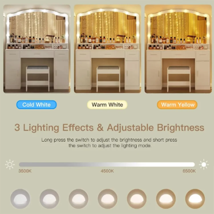 Wholesale Price Custom Vanity Desk Makeup Vanity Table with 3 Drawers 2 Cabinets Long Storage Shelf 10 Led Light