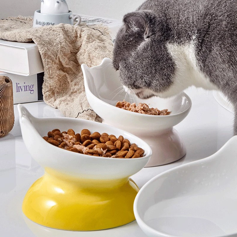 15 Degree Tilted Cute Gradient Colour Bowl Non-slip Neck Protected Cat Dog Pet Food Feeder Ceramic Bowls for Cats and Dogs