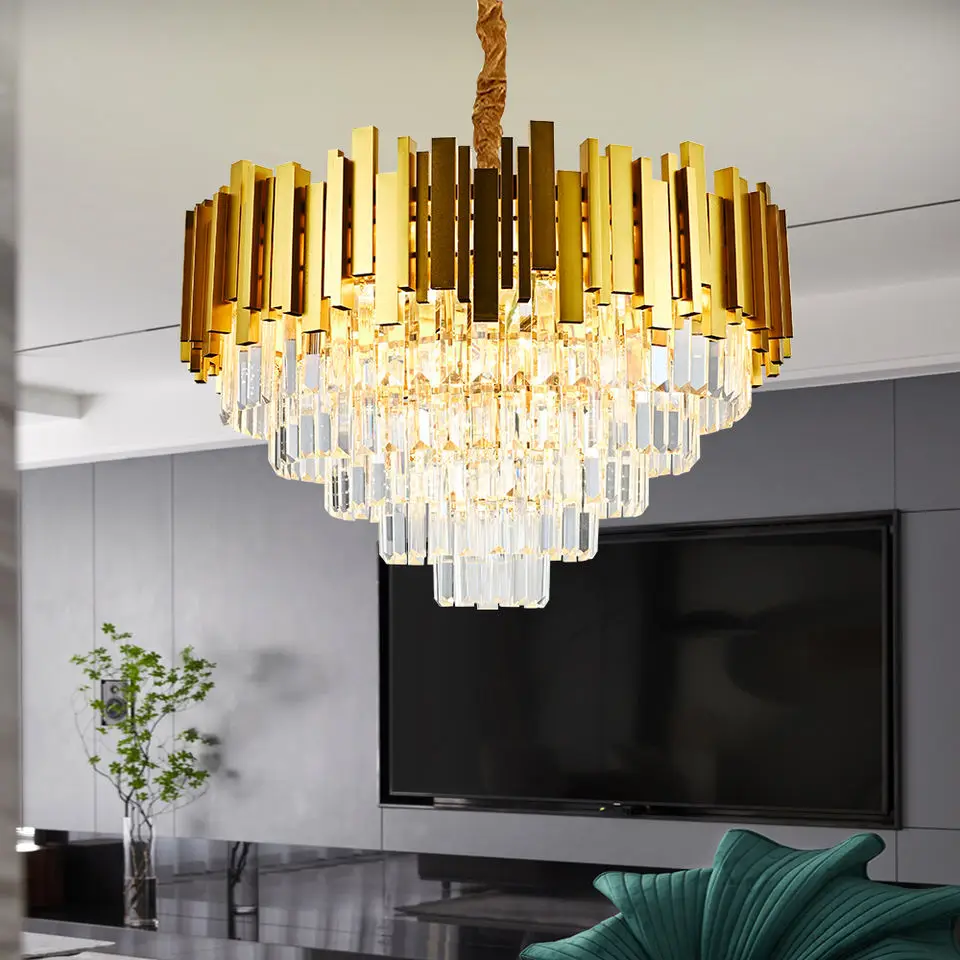 Round indoor luxury ceiling chandelier black gold home crystal modern Led Chandeliers glass Pendant lamp Lights