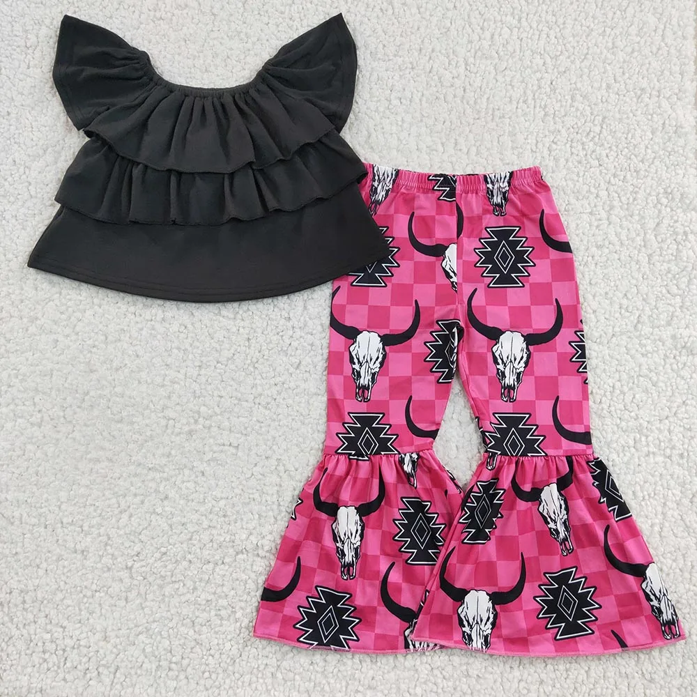 New Arrival Black Ruffles Off Shoulder Casual Tunic Fashion Cow Skull Aztec Hot Pink Bell-pants RTS Baby Girls Outfits
