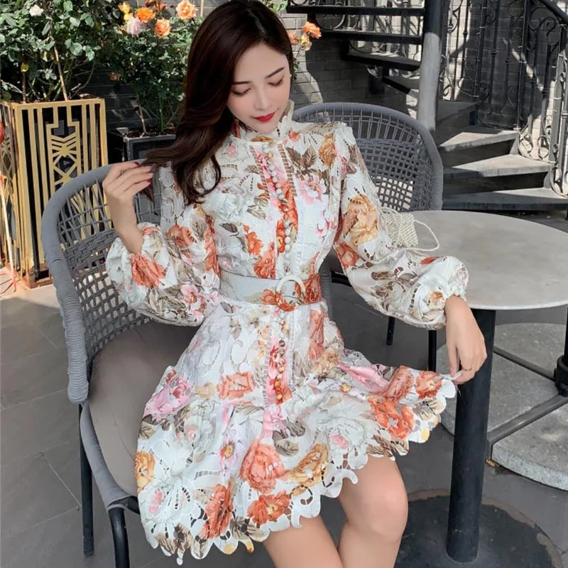 New Colorful Floral Hollow Stand Collar Long Sleeve High Waist Buttoned Short Dress