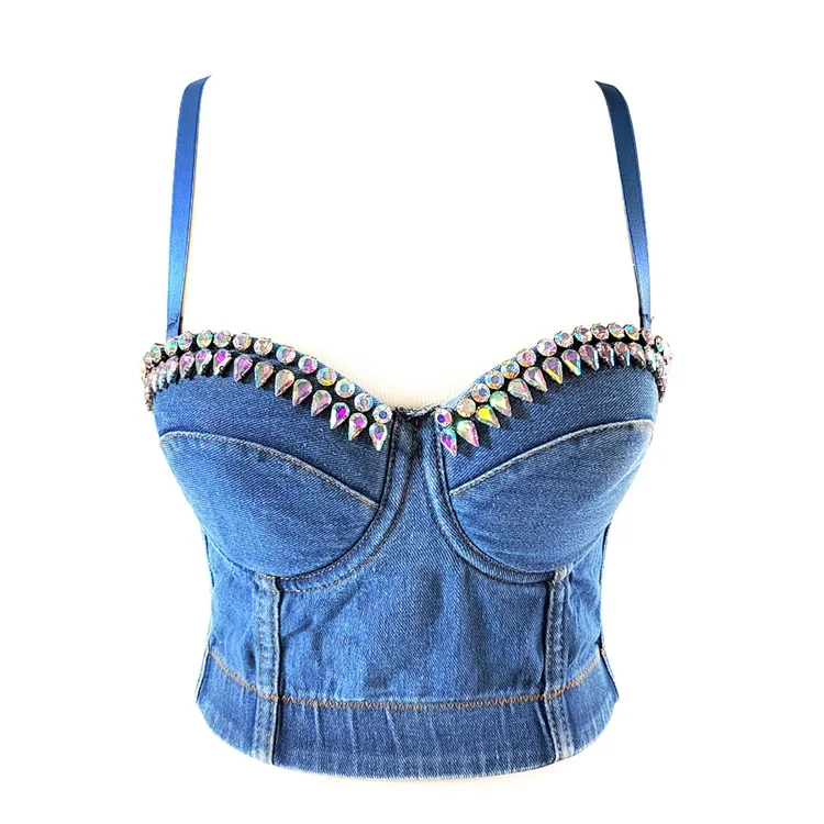 Rhinestone Diamond Fashion Girls Boned Body Shaper Short Crop Top Outwear Bra Tunic Black Women Denim Cotton Corset Bustier Tops