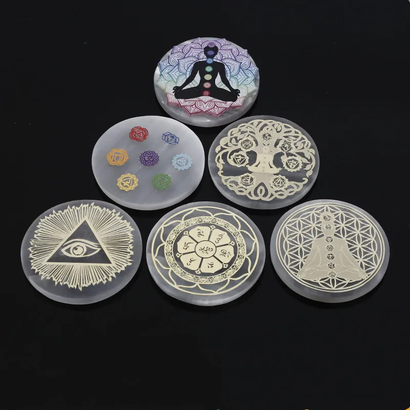 Wholesale Natural Selenite Crystal Charging Plate With Different  Symbol for Healing Crystal