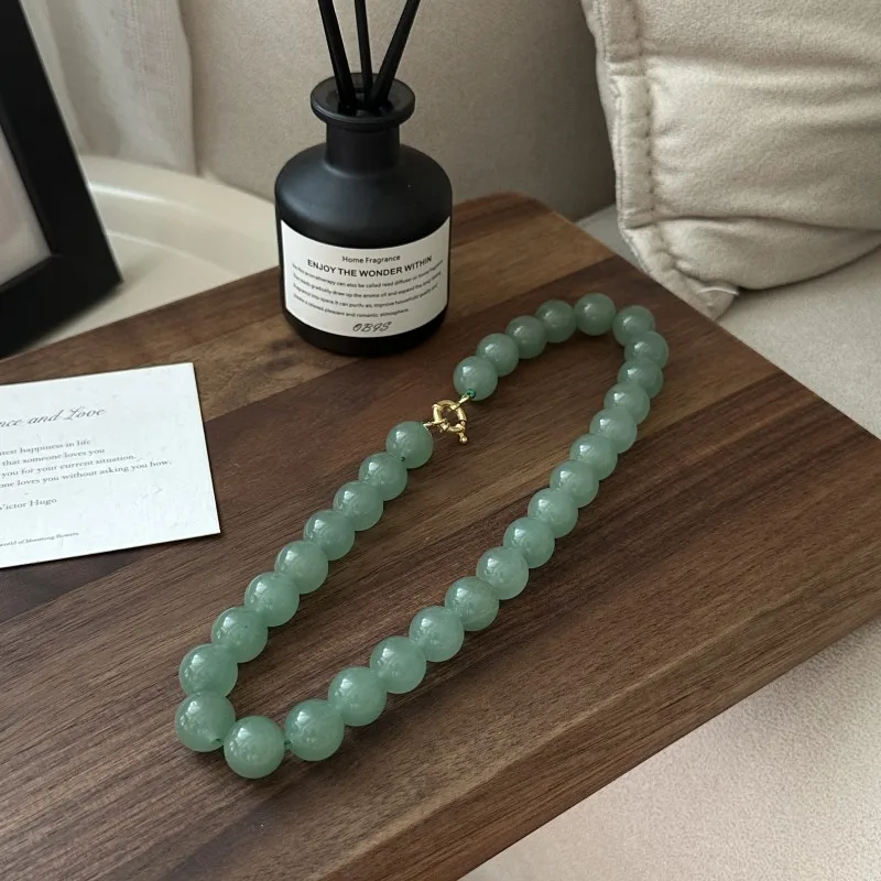 Fine Jewelry Women Handmade 925 Sterling Silver 18K Gold Plated Green Jade Bead Necklaces