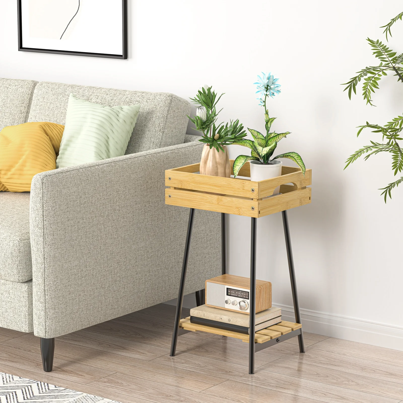 Metal Shelf Bamboo Planter Boxes Small Wooden Bamboo Raised Garden Bed Planter Boxes Shelf With Metal Frame For Outdoor Balcony