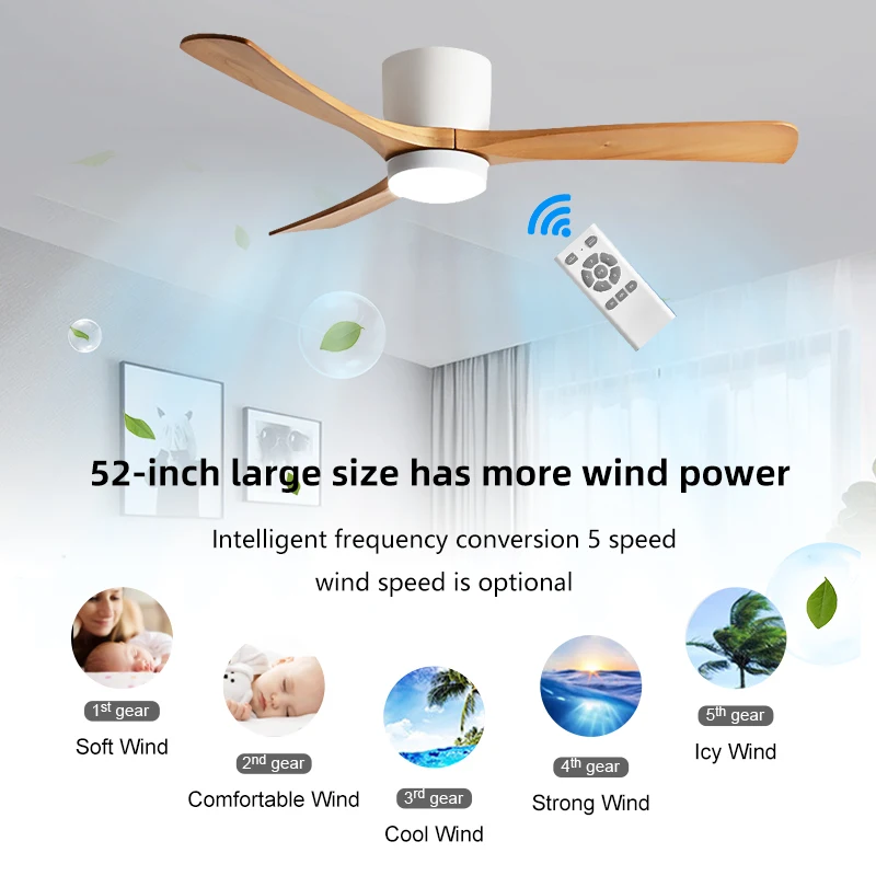 New solid wood blade ceiling fan BLDC electric fan light three-solid remote control 52-inch modern ceiling fan with light