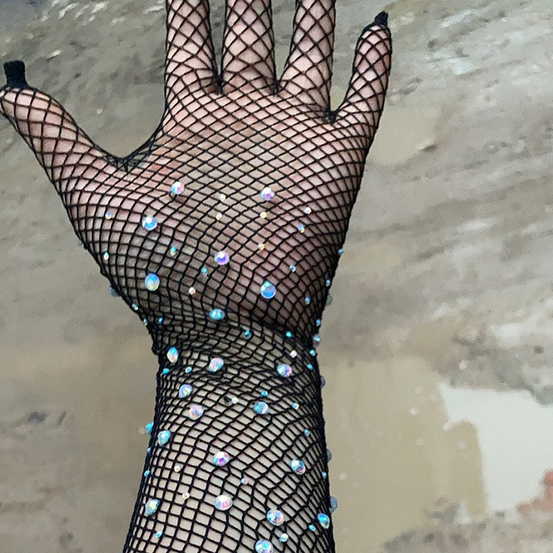 Party cosplay diamonds hollow mesh gloves long sleeve stretch rhinestones five fingers mittens festival sexy lace net gloves