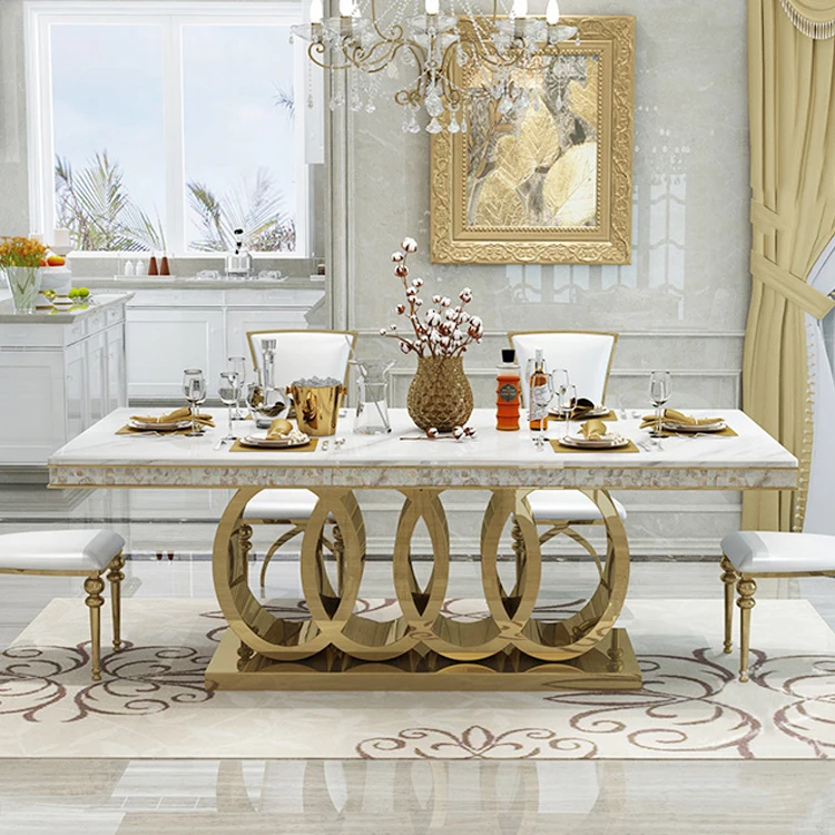 luxury italian style dinner table and chair rectangular stainless steel leg marble top modern dining table chairs set