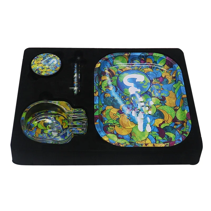 Wholesale Custom Dry Herb Grinder With Glass Ashtray Metal Rolling Tray 4 In 1 Grinder Smoking Shop Accessories Set