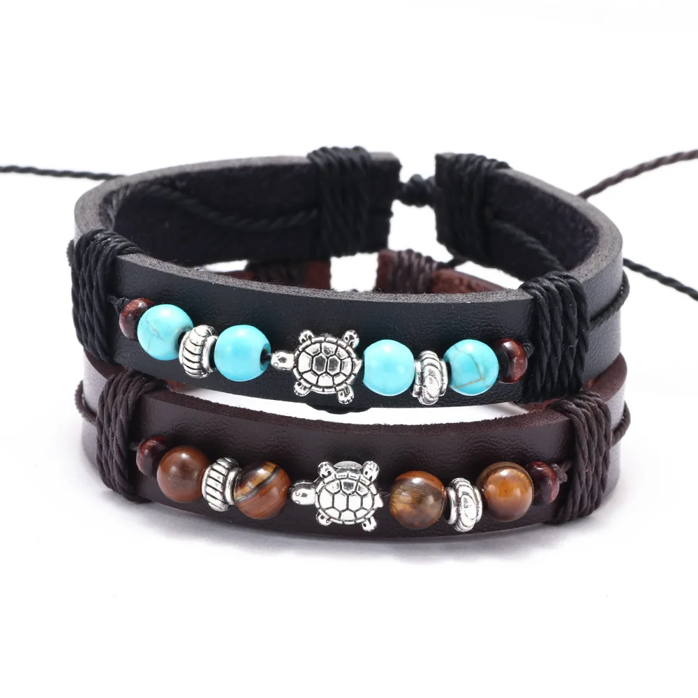 Hot sale leather jewelry vintage versatile cowhide drawstring bracelet wooden beads small turtle turtle accessories