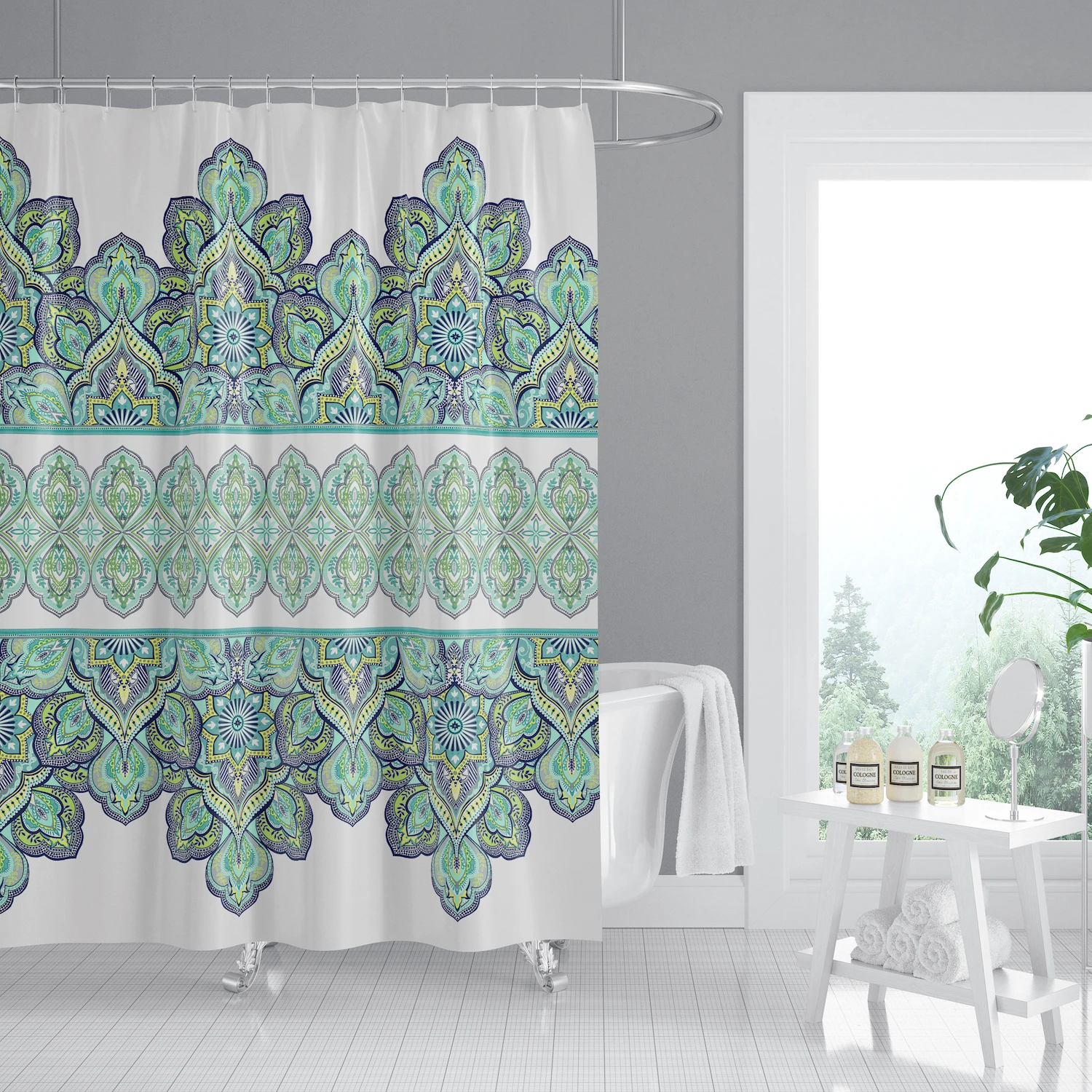 Wholesale Waterproof Boho Ethnic Green Creative Pattern Shower Curtain Liner, Luxury Printed Custom 3D Bathroom Bathtub Curtain/
