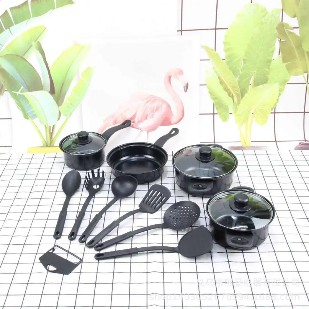 FACTORY 13 Pieces Cast Iron Cookware Kit Luxury Black Kitchen Utensils Cooking Tools Non Stick Cookware Set With Pots Pans Lids
