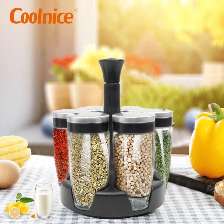 Stainless Steel Rotary Spice Jar Set Glass Condiment Pot/bottle With Spice Rack