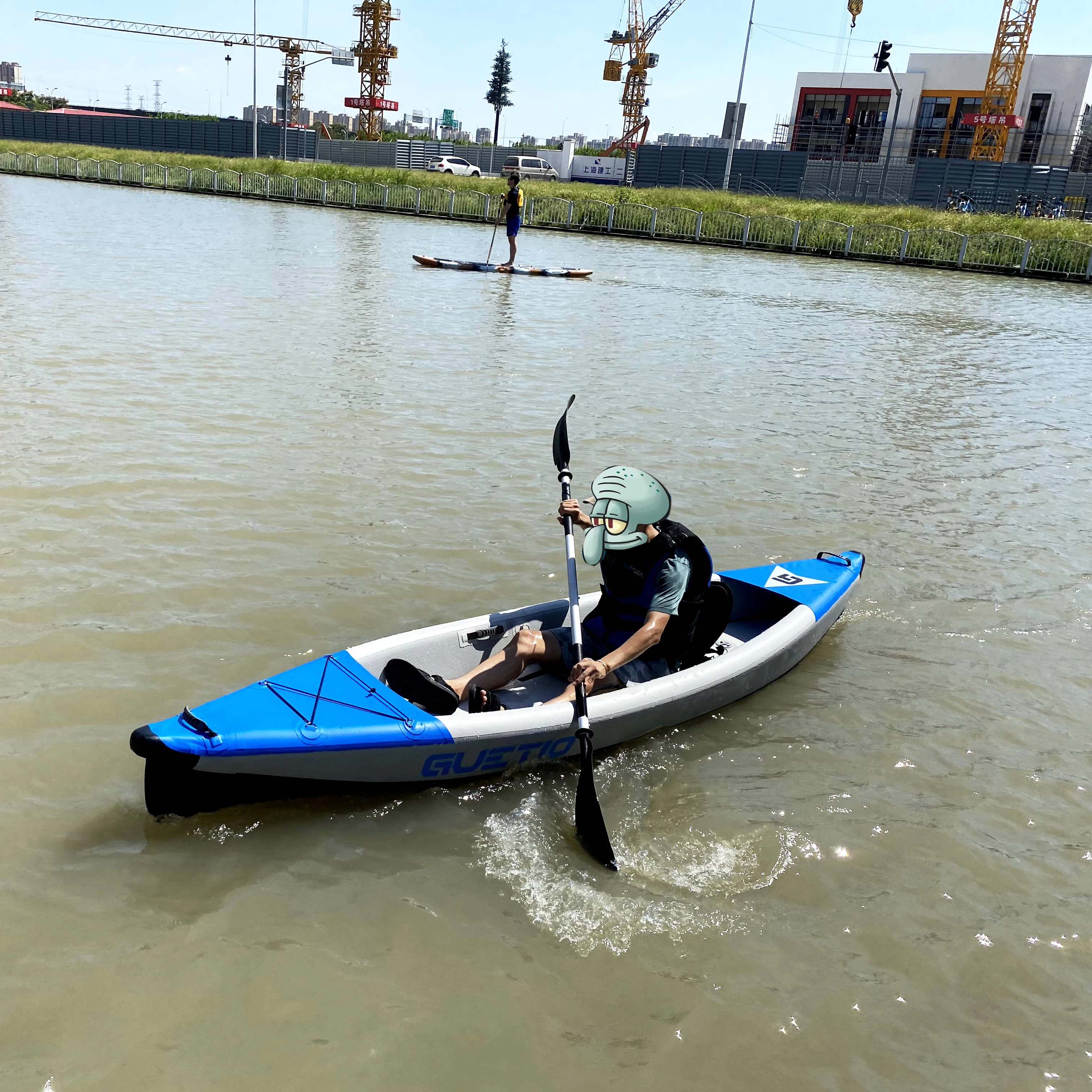 Blue Single One Person 340cm Drop stitch PVC Pedal Inflatable Single Seat Canoe Kayak for Fishing