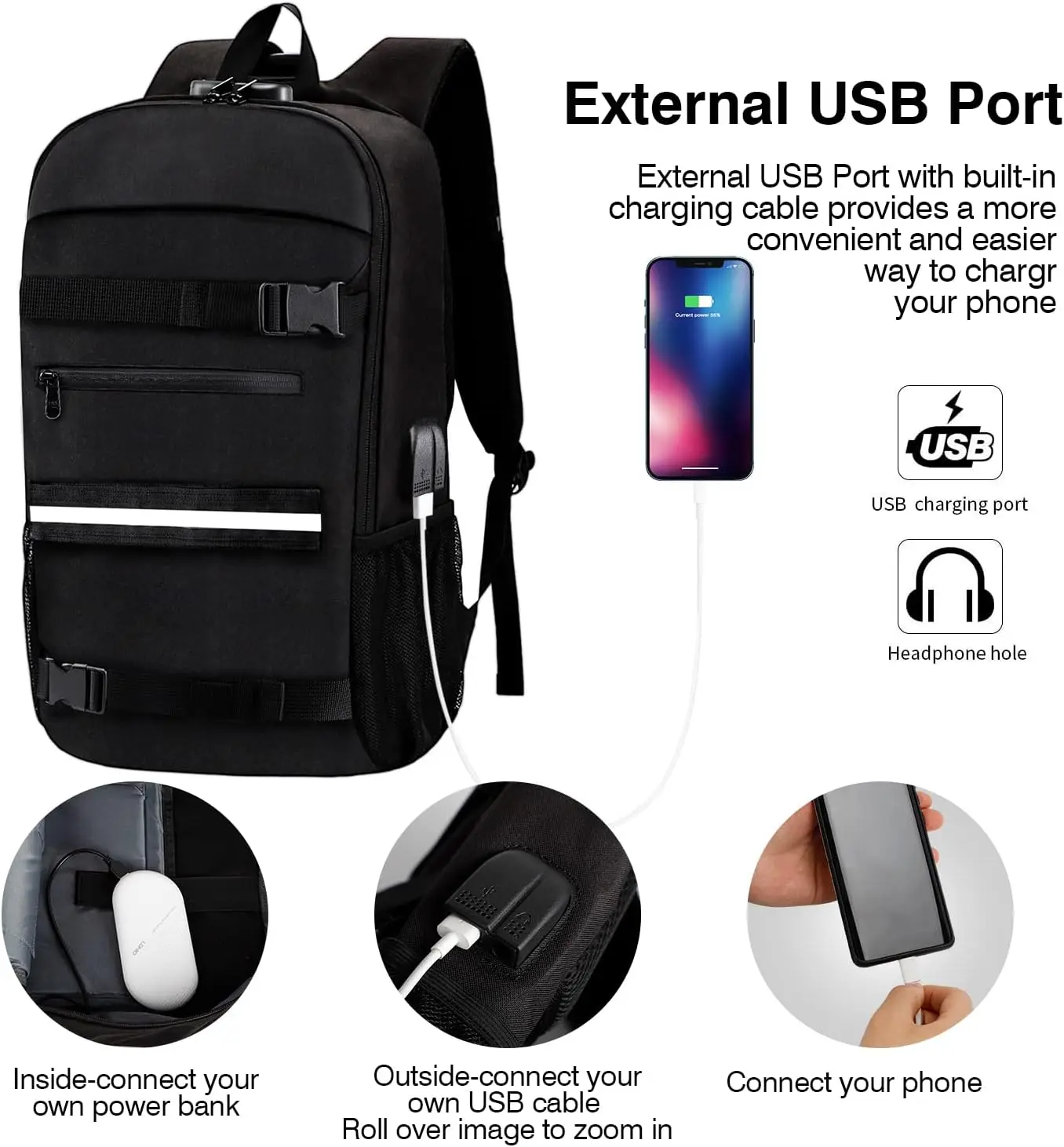 Water Resistant 17 inch Laptop Backpack with USB Charging Port Anti-Theft Confortable Skateboard Bag Sport Skateboard Backpack