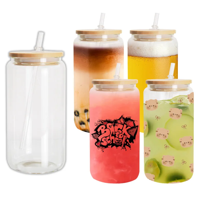 USA WAREHOUSE RTS stocked 12oz 16oz 25oz Clear Frosted Soda Pop Shaped Sublimation Beer Jar Glass Can Bottle with Straw Lid