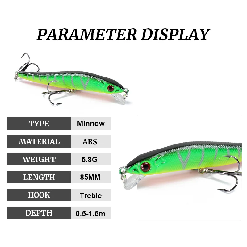 Minnow Lure 85mm 5.8g Hard plastic Bait Sinking Minnow Lure Iscas Artificial Depth 0.5-1.5m deep water