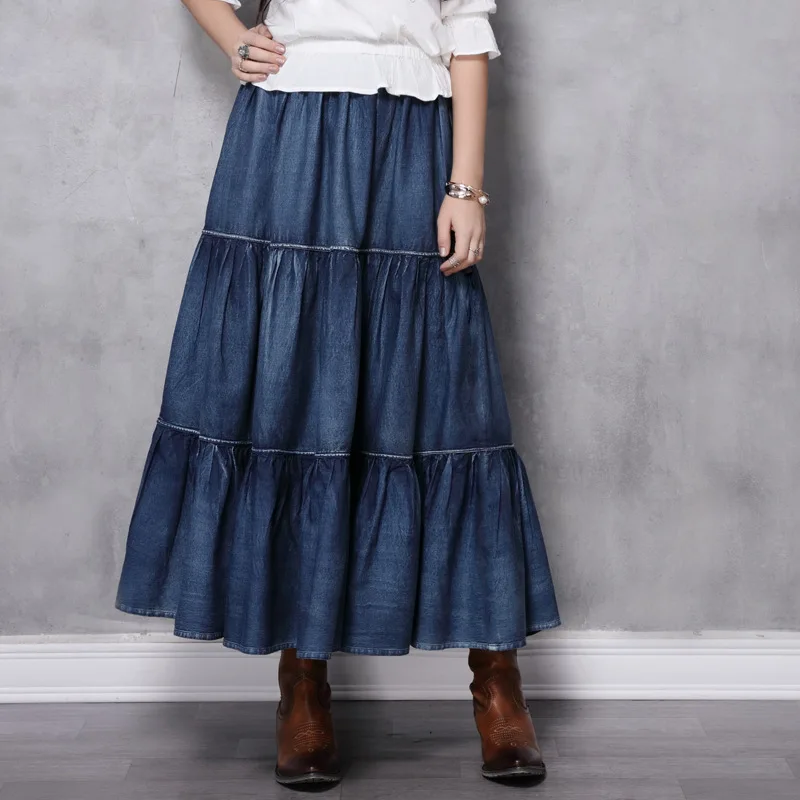 High quality brand style pleated oversize big long skirt jean denim plus size womens skirts