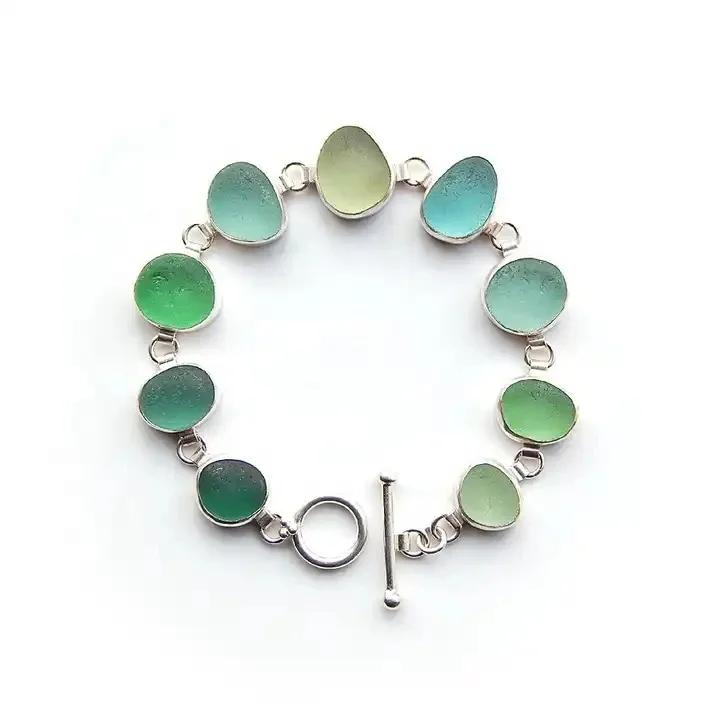 Customized colorful stone sterling silver green and blue sea glass bracelet