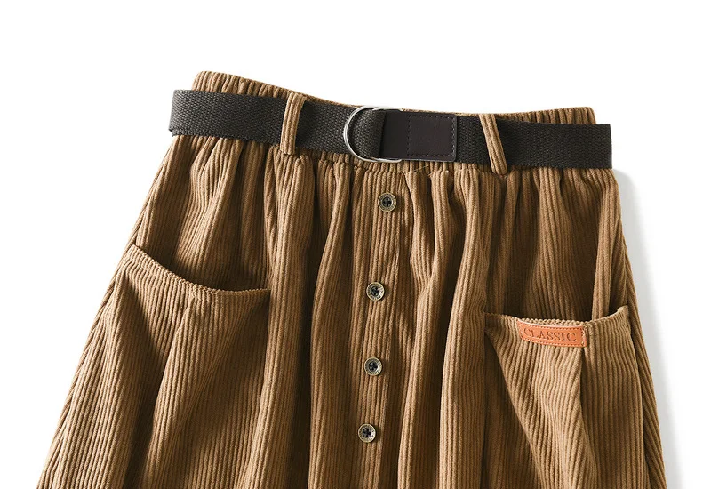 Hot sale winter Ladies Elegant Button front mid length women A-line Corduroy skirt with belt