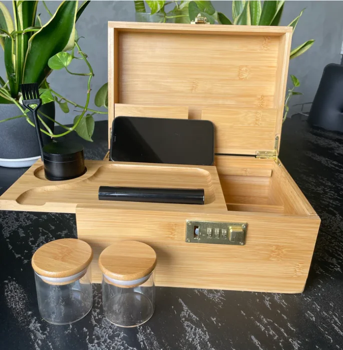 Custom Logo Lockable Secret Stash Box Locking Bamboo Stash Box Lock With Rolling Tray Smoking Accessories Lock Wholesale