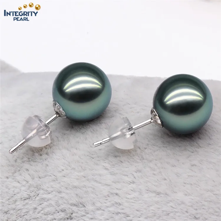 8-10mm AAA Grade 14K 18K White Yellow Gold Natural Real Genuine Black Seawater Tahitian Tahiti Pearl Stud Earrings